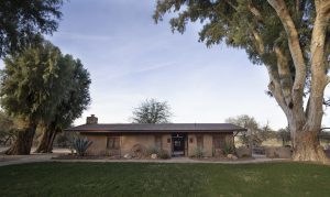 Historic adobe brick buildings at a guest ranch in Wickenburg, Arizona.