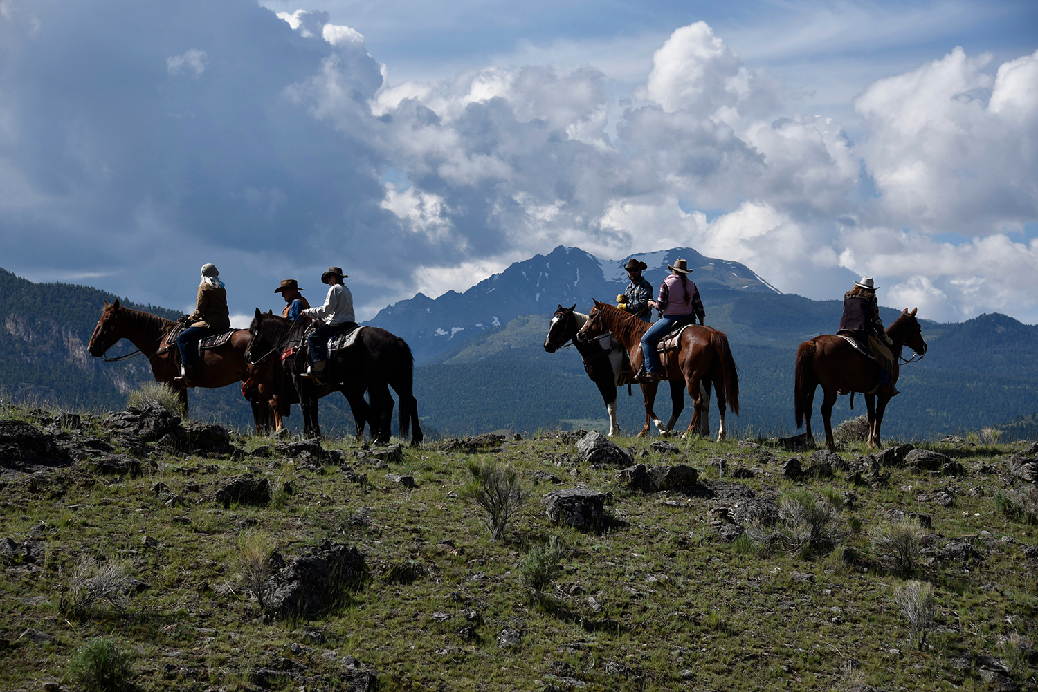 Riders at the OTO Dude Ranch stand on a mountain peak during their Montana Dude Ranch vacation.