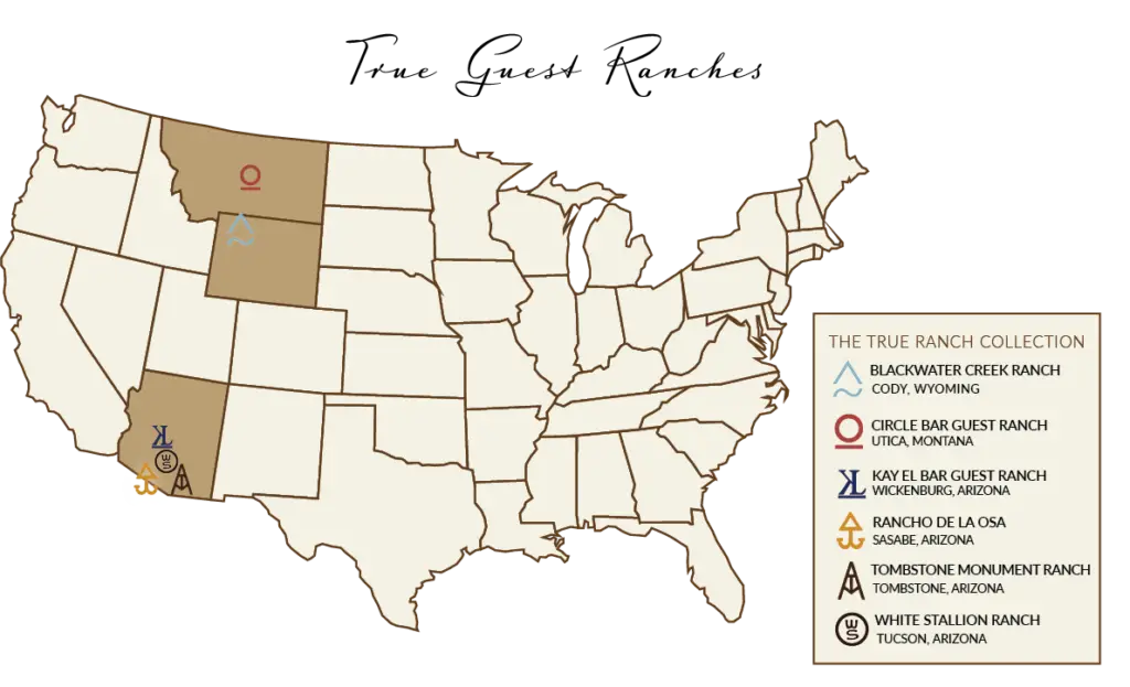 Map of the True Ranch Collection dude ranches in Arizona, Montana and Wyoming.