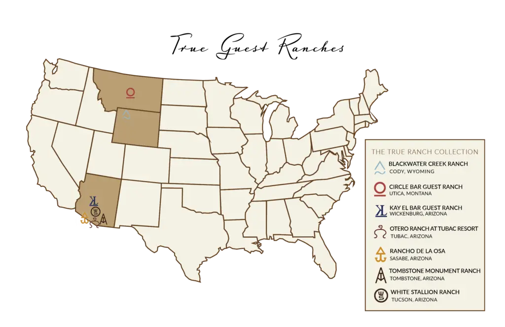 Map of the True Ranch Collection dude ranches in Arizona, Montana and Wyoming.