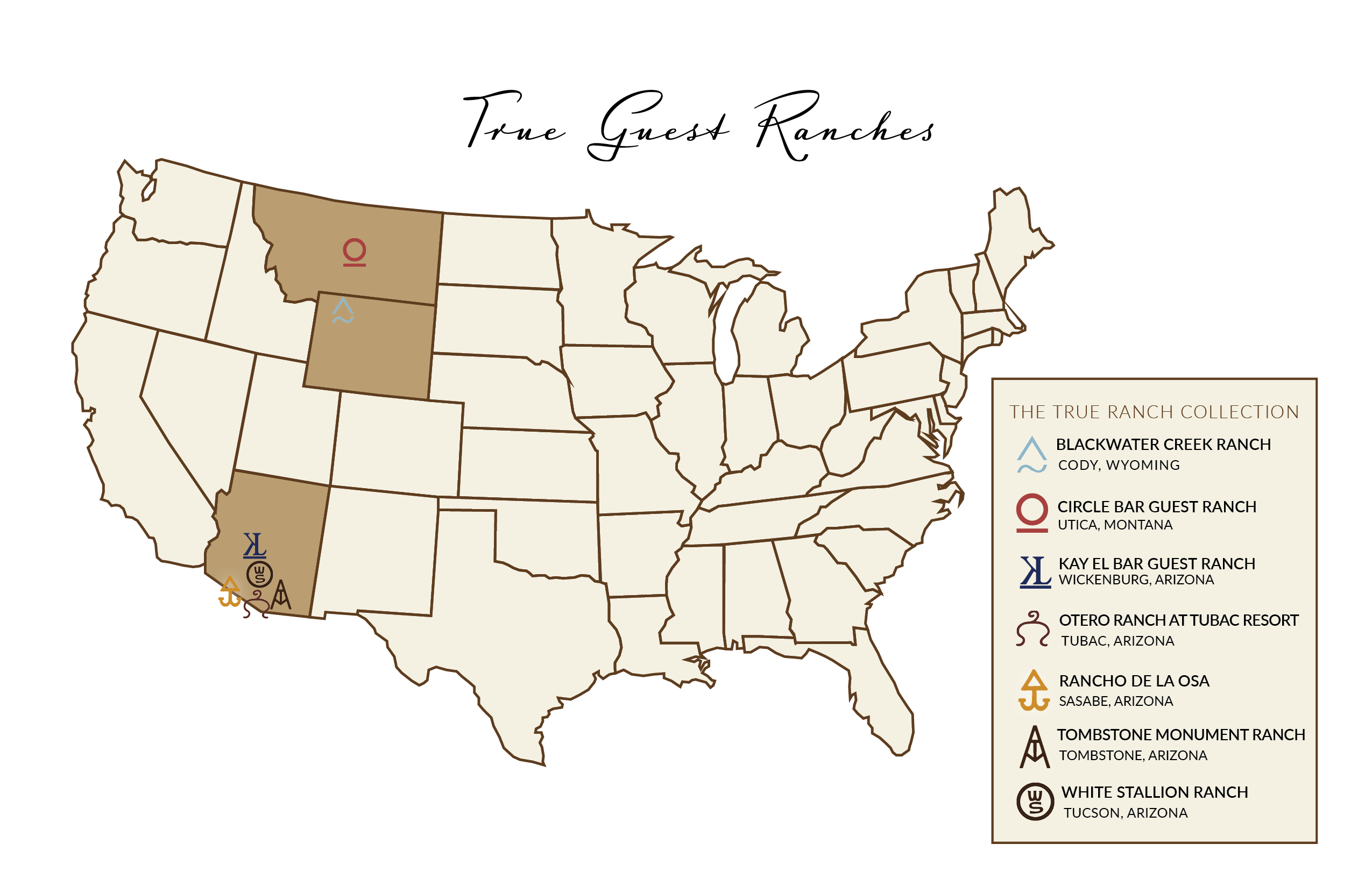 Map of the True Ranch Collection dude ranches in Arizona, Montana and Wyoming.