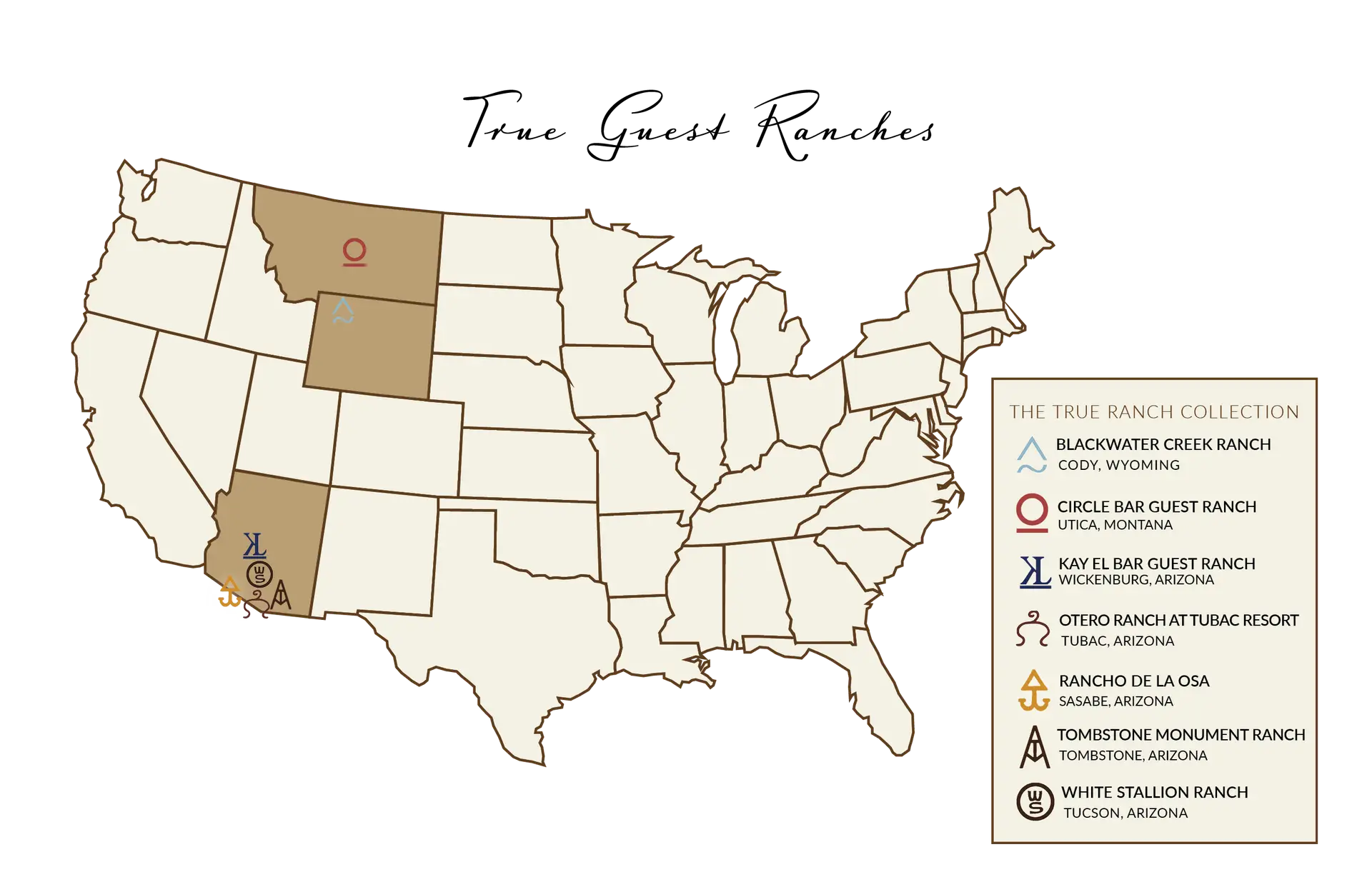 Map of the True Ranch Collection dude ranches in Arizona, Montana and Wyoming.